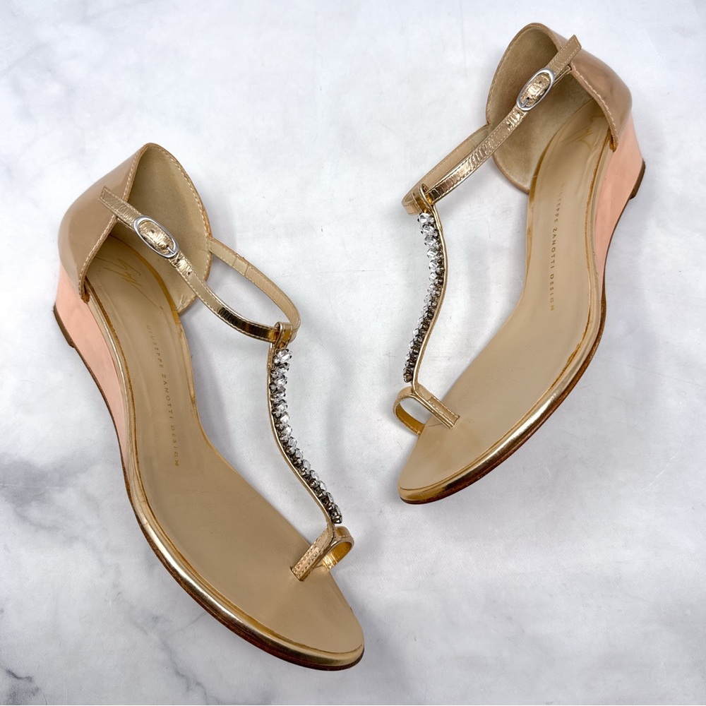 Giuseppe Zanotti Vintage Y2K Rose Gold Metallic Rhinestone Mini Wedge Sandals 38